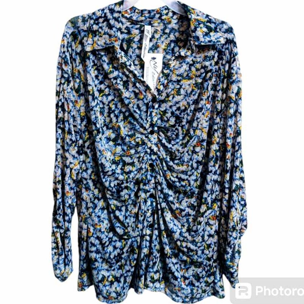 NY COLLECTION women's long sleeve button down blouse floral Large Blue W-153